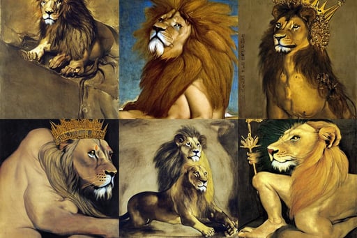 lion with gold crown, art by Paolo Uccello, art by Jenny Saville, glamor shot, art by Francisco De Goya, furry, gustav dore