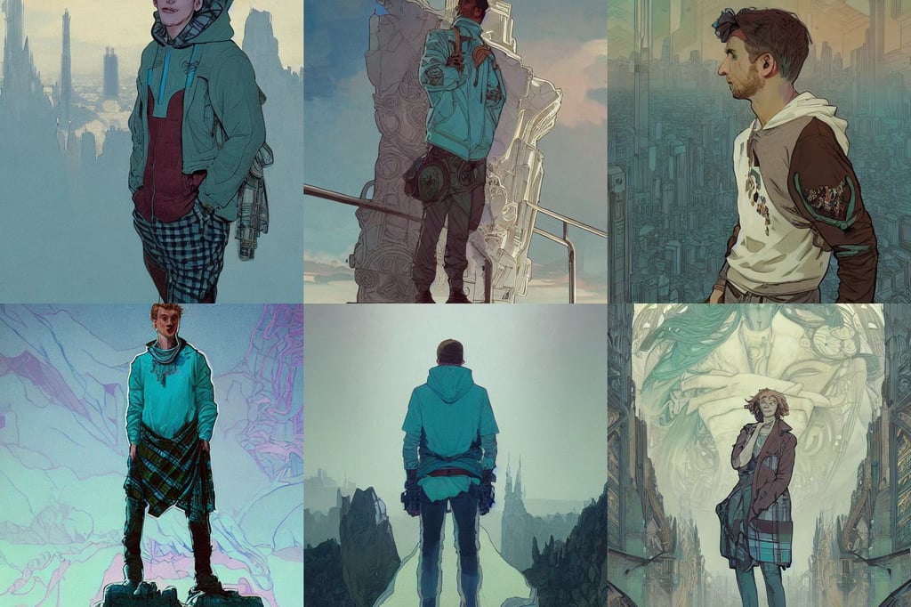 sorcerrer, white mist, portrait by james gurney and laurie greasley, white and teal dress, overlooking the last city on earth, alphonse mucha johannes voss, short torn up pants, by Lienzo Óleo Paisaje, tartan hoody, concept art by mike winkelmann