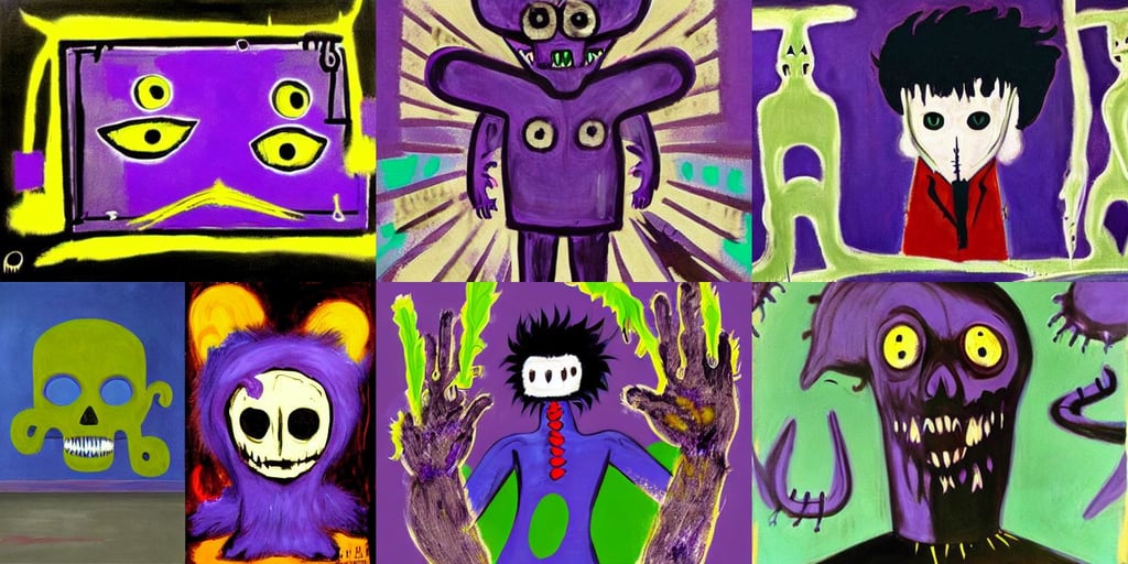 Purple Ghoul full body cute , art by Domenikos Theotokopoulos, art by Domenikos Theotokopoulos, realistic, furry, in the suburbs, smooth reflective metal, art by Jean-michel Basquiat, art by Paolo Uccello, art by Henri Matisse, art by Joseph-mallord William Turner, art by Edvard Munch, row of teeth, art by Édouard Manet