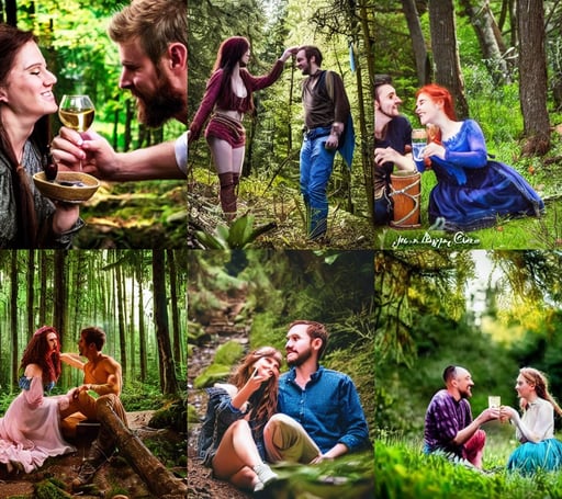 a beautiful adventuring couple drinking, fairy tales