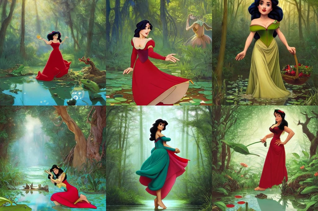 Disney art of Salma Hayek as snow white in a forest on a frog pond, red green palette, by artgerm and hayao miyazaki, joyful, rococo dress, (((((light green mist))))), serene beach setting, stunning composition, art by artgerm and greg rutkowski and alphonse mucha and andrei riabovitchev, tilt shift photography, angela merkel in swimsuit, japanese dragon, artgerm and greg rutkowski, high resolution 4K, Aoshima, upside - down tower over the aetherial sea