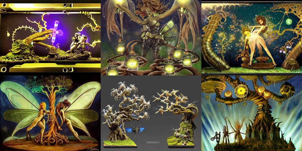 steampunk fairies wiring a bioluminescent bonsai, art by Tiziano Vecellio Di Gregorio, De-Noise, big pecs, Fantasy Flying ship overhead, frazetta, backlit, art by Gerhard Richter, art by Andrea Mantegna, hyper realistic, art by Gerhard Richter, art by Giotto Di Bondone, art by Tiziano Vecellio Di Gregorio, sunset hair color, art by Edvard Munch