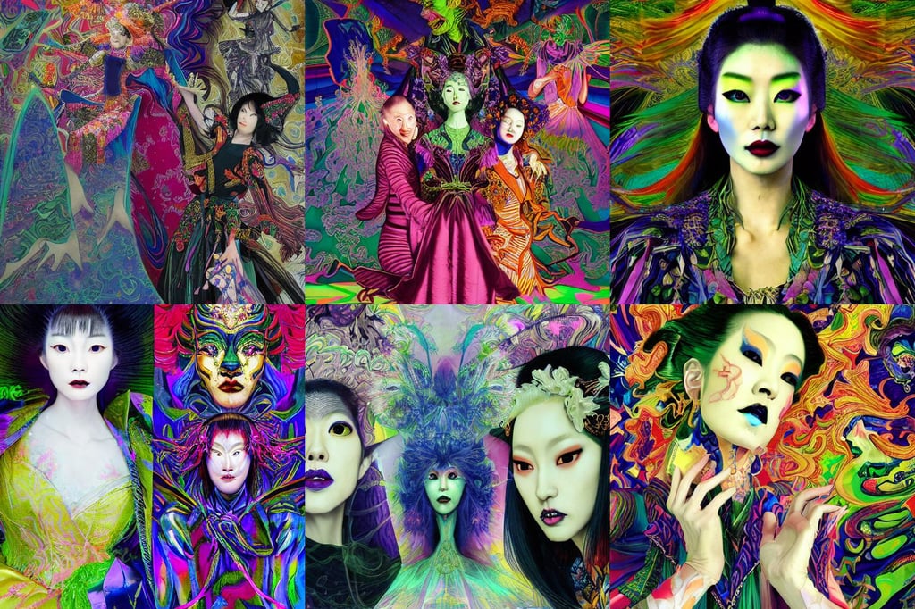 An extremely psychedelic portrait of the Wicked Witch, most beautiful korean dancers, portrait by Cedric Peyravernay, neogothic, 2 b, by joe wilson, facing camera, tetsuysa ishida and yoji shinkawa, and Edmund Blair Leighton. Very highly detailed 8K, gian lorenzo bernini, sinister portrait, worry, joyful smirk, blue light, on fire, slim hands, solo, Baroque Painting, 35mm black and white photograph by René Burri, realistic lighting iridescent, sharp textures