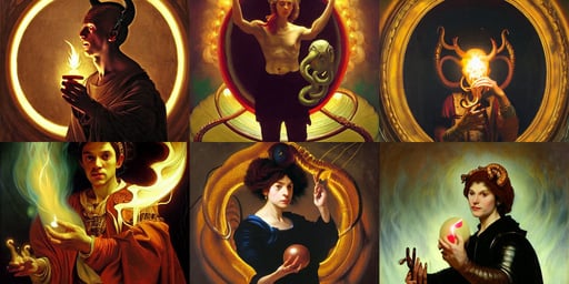 portrait of a person with a luminous sphere in its hand, horns, snakes, smoke, flames, full-length, oil painting in a renaissance style , very detailed, out of focus background, painted by Caravaggio, Greg rutkowski, Sachin Teng, Thomas Kindkade, Alphonse Mucha, Norman Rockwell, Tom Bagshaw.