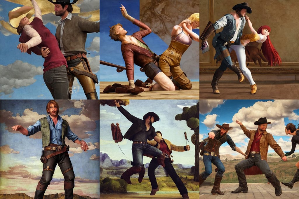 arthur morgan dancing with leon kennedy, symmetrical, oil painting, art by Raffaello Sanzio, surreal feels, quality render style of Masamune Shirow and Tsuaii, art by Michelangelo Buonarroti, art by Piero Della Francesca, High detail + Sony Alpha α7, art by Artemisia Gentileschi, mid air jump footwork, art by Kazimir Malevich, cyberpunk, art by Sir Peter Paul Rubens, art by Sir Peter Paul Rubens, art by Claude Monet, a haunting scene, art by Edvard Munch, Ultra-HD, Old Building