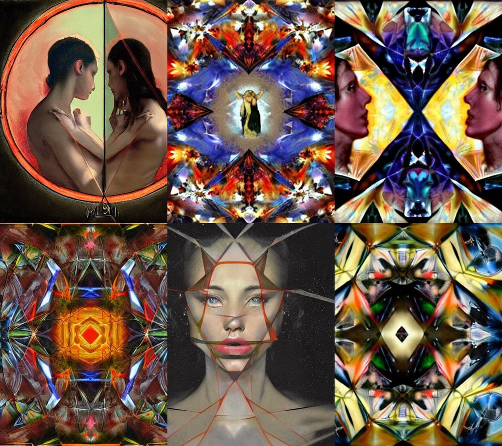 quick and dirty digital sketch, art by Eugène Delacroix, centered-shot, art by Michelangelo Merisi Da Caravaggio, Tom Bagshaw, art by Edvard Munch, view inside a distorted asymmetrical kaleidoscope