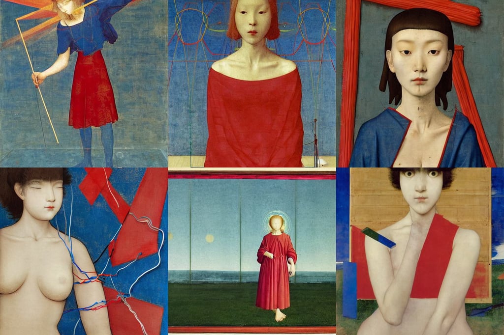 her name is Chie, shot on 70mm, platonic solids, art by Mark Rothko, cute anime girl, art by Giotto Di Bondone, art by Domenikos Theotokopoulos, art by Jan Van Eyck, art by Caspar David Friedrich, art by Piero Della Francesca, fantasy, exposed red and blue wires on arms, spitting acid, art by Michelangelo Buonarroti, art by Jean-michel Basquiat, Ultra-HD, artstation, art by Paul Cézanne, art by Jan Van Eyck