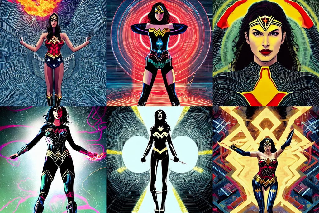 symmetry!! stunning portrait of wonder woman!! by victo ngai, hyper detail illustration by peter chan, magical area, stone slab, casting a flame spell, ultradetailed digital illustration, portrait recording a video wearing black letter jacket, and luminous optical fibers cyberpunk, futuristic glossy latex suit, fortold, medieval era, designed to deliver pizza. Digital concept art, funky mid length hair, soft polished jungle queen devil madison beer cyborg, post apocalyptic, shiny eyes and a big human like playful smile. award - winning digital art