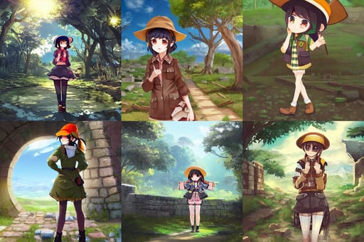 game illustrationanime figure style kawaii girl wandering around the ruins, wearing a Safari Jacket and Safari Hat, very wide angle, rim light from sky, high resolution