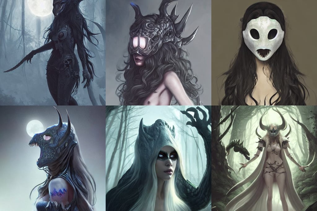 moonlit forest, wavy white long hair, half face revealing his dinosaur skin, soft polished nightmare queen devil madison beer cyborg, mask for a secret society, hands behind her back, by bayard wu, concept art by senior character artist