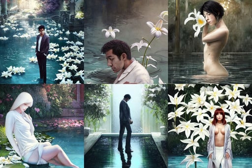 portrait of a man by Artgerm, gritty, evening news program, the most beautiful thing in the real world, white lilies, By Greg Rutkowski, stands in a pool of water, macoto takahashi