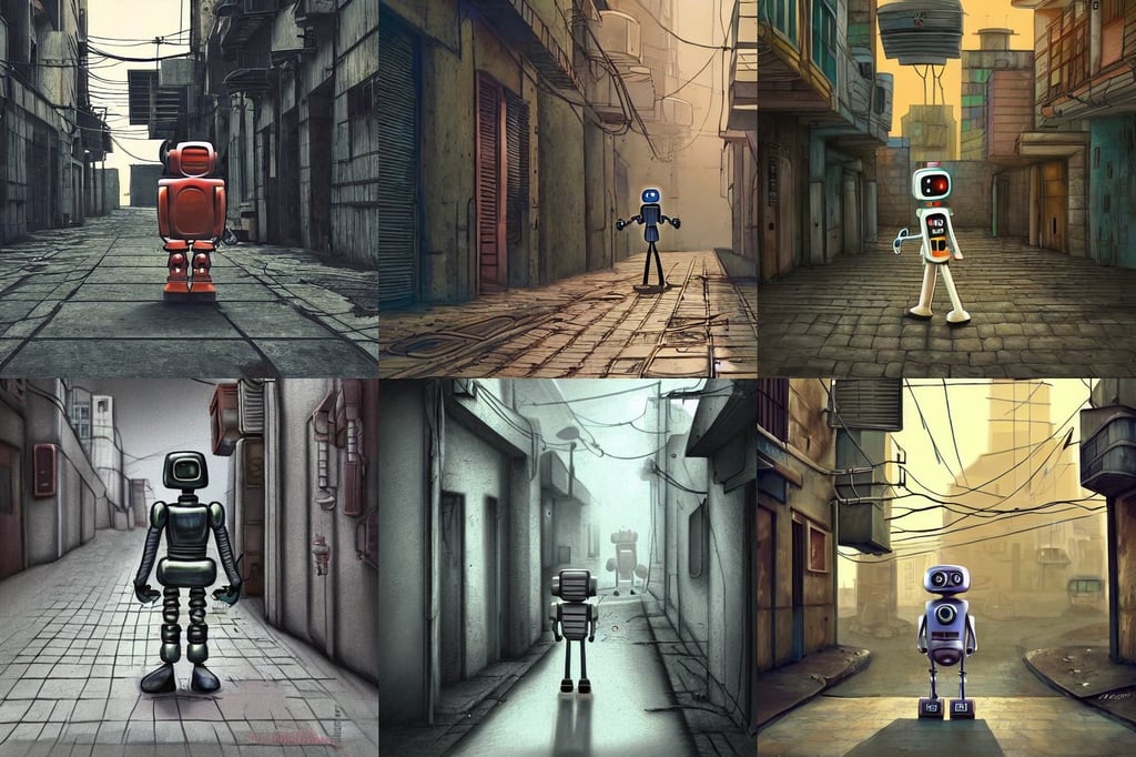 a study of cell shaded cartoon of a single lonely robot walking down the alley of a dystopian city, pulp fiction, fatherly, jewels, rusty vehicles, Studio Shaft, walking in the streets of a futuristic city, moleksandra shchaslyva, hard surface