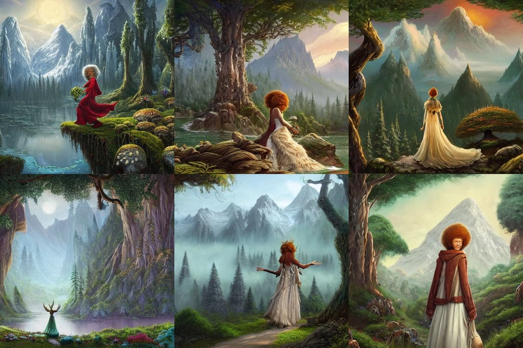 an ultra detailed matte painting of bob ross dressed as a wandering elf druid, intricate art deco mushroom designs, large mountains in back, 4K symmetrical portrait, a detailed painting by greg rutkowski and raymond swanland, fragments, bushy beard, age 3 0, comixwave films, concept art by alexander jansson, contrasting details vs blank areas, wedding dress, 1965, trees bent over river, hyperrealistic mixed media painting of a victoria secret model skull woman with rainbow hair