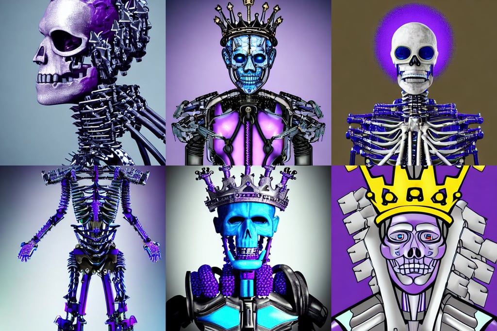 portrait shot of the king of the bionic skeletons with a crown of blades, zoomed out, person, wizard, purple, blue uniform, watermark