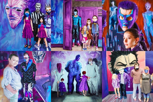 family in front of giant open dollhouse, purple and blue tones, spikey hair, tekken 7, human anatomy, detail acrylic palette knife, giant, 4 k hd, oni mask