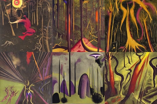 black red gold purple demoness hovering eldritch arms cave, art by Francis Bacon, art by Giotto Di Bondone, art by Gerhard Richter, book ilustration, art deco, forest, Establishing shot, extreme quality