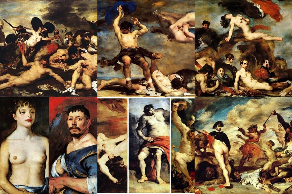 the fall of rome, art by Eugène Delacroix, art by Joan Miró, art by Jenny Saville, art by Diego Velázquez, art by Francisco De Goya