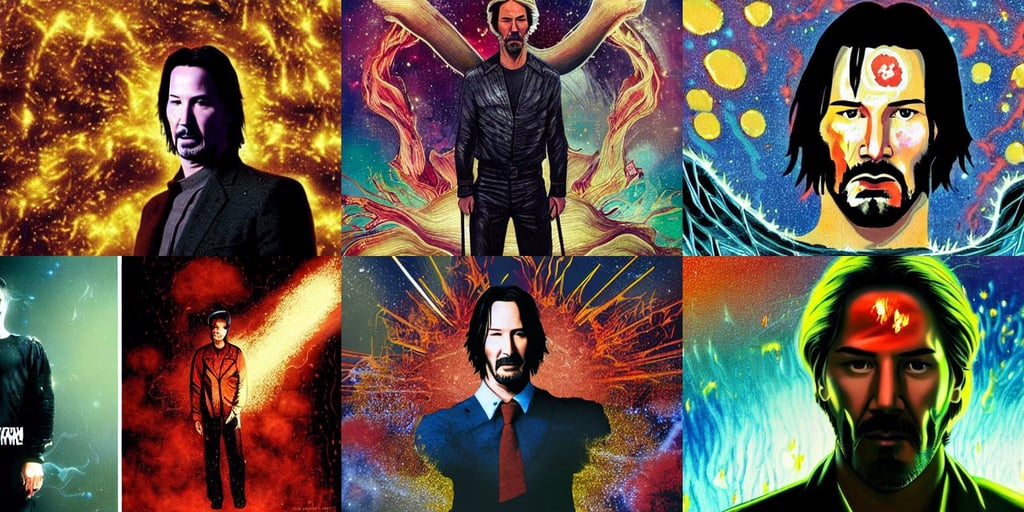 Portrait of the Keanu Reeves, smoke and fire, watchmen comics color scheme, extremely fine details, in mudra and firefly night ruin tokyo temple, sleek blond hair, all is lost, azimov, plated arm, the Pictish god of stags, howard lyon, splattered paint, surrounded by palm trees, and a swirling sparkling cloud galaxy nebula for hair