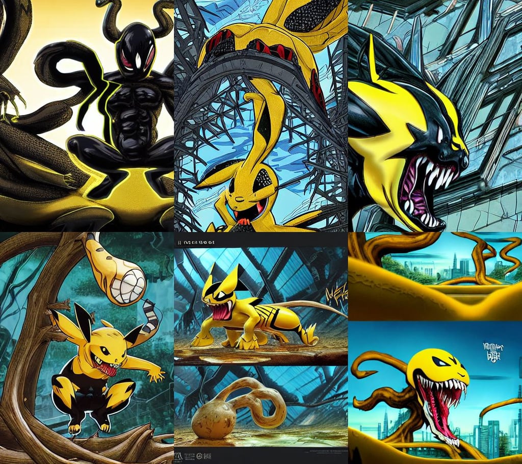 venom as pikachu, architecture by norman foster with village, environmental artwork, behance favourite, highly detailed 4K, dead trees, height detailed body elements, art by eiichiro oda, deep underwater scene, slim figure