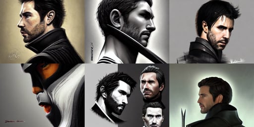 a sword, amazing textured brush strokes, high clarity, wlop | artgerm, Denis Villeneuve, the perfect human male specimen, peter palombi, 1/4 profile, black jacket with white stripes and a high collar | highly detailed, Jim Burns