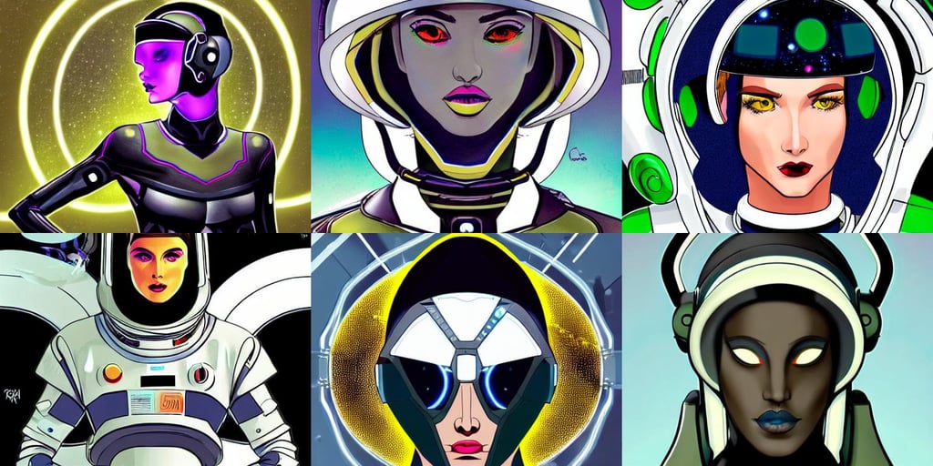 a futuristic cyber astronaut, white horns, vogue cover, olive skin color, port, in style of colorful comic. symmetry