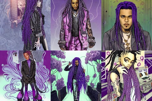 male cottagecore xxxtentacion, antview, illustration in pen and ink, long braided purple hair, and in the style of jules ferdinand jacquemart, silver colors, art by dustin nguyen akihiko yoshida greg tocchini, ever after high, wearing a formal overcoat, scene in a gas station with fluorescent lighting, surrounded by whirling illuminated lines