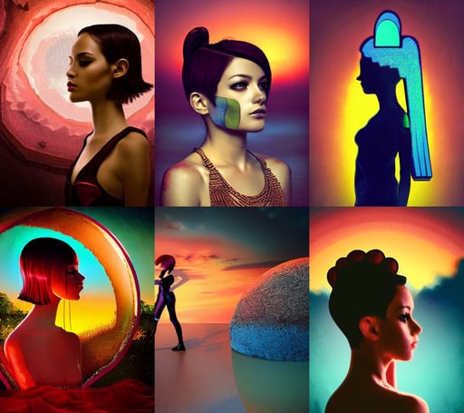 the most beautiful sunset, lean sleek styling, silhouette of a very beautiful girl with short hair, pop surrealism, fez video game, fantasy carnival, props, extreme detailed, combined between sedimentary deposits, side portrait