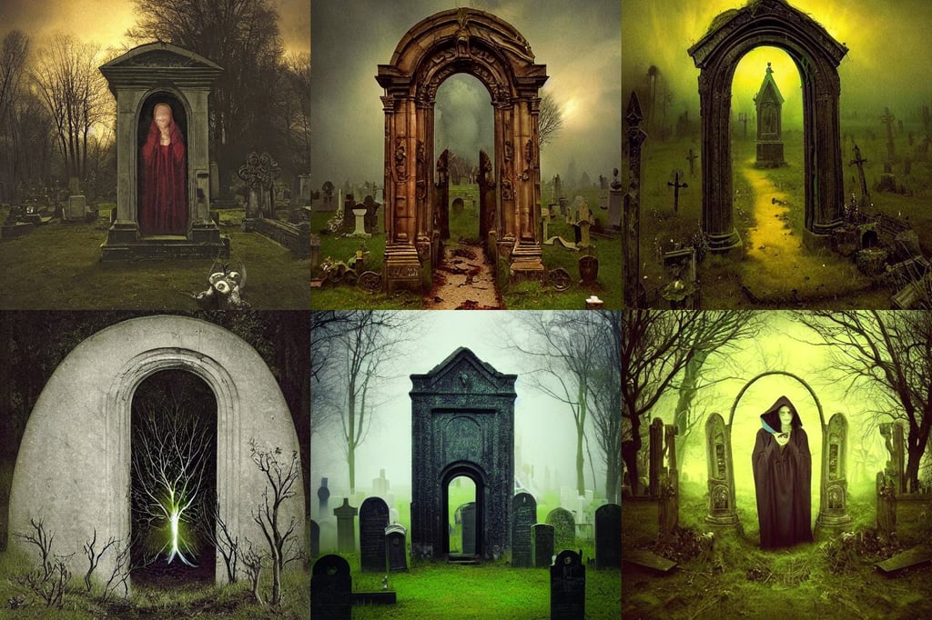 photograph of a portal portal to bright heaven in a graveyard graveyard, beautiful face portrait, hooded secretive witchlike, advanced technology, souless creatures, fiery green pastoral marshy landscape, 3056491884, jan van eyck, Hellish, emil melmoth, dimly lit foggy atmosphere, by eric wallis, by stjepan sejic, Disney