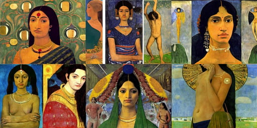 Masterful beautiful indian Female supermodel, art by Piero Della Francesca, art by Gustav Klimt, art by Piero Della Francesca, art by Caspar David Friedrich, art by Paul Gauguin