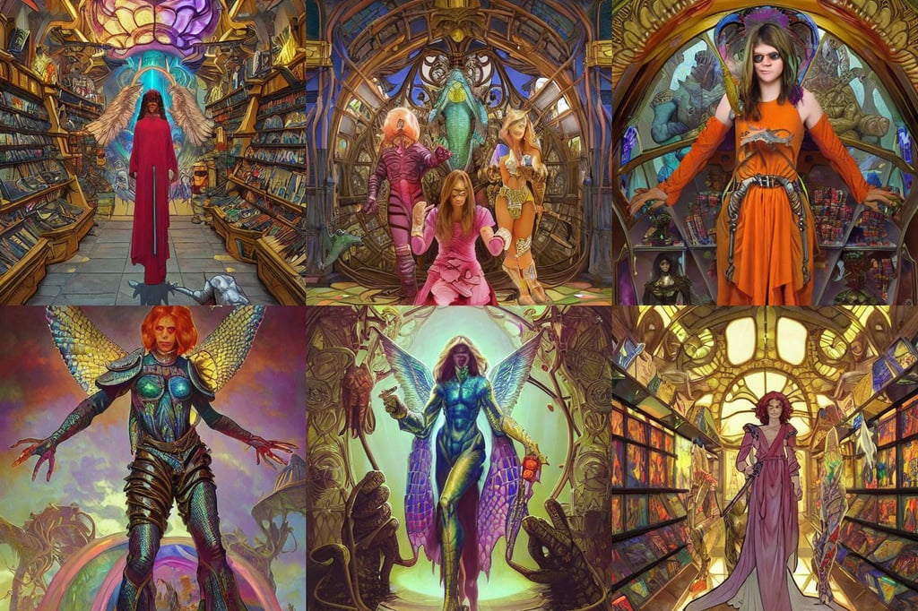 “A fantasy store that has rare magic items  in glass case, orange sunglasses, colourful, 8k concept art, wearing futuristic armor, jesus christ as a scaly cold blooded reptilian lizard crucified, art by artgerm and greg rutkowski and alphonse mucha ”, electric color, strong, kimono!, being watched by an angel resembling millie bobby brown, expert, mild dreamy professional lighting, by ruan jia and mandy jurgens and william - adolphe bouguereau, well lit, crown of skulls, hyper realistic lighting