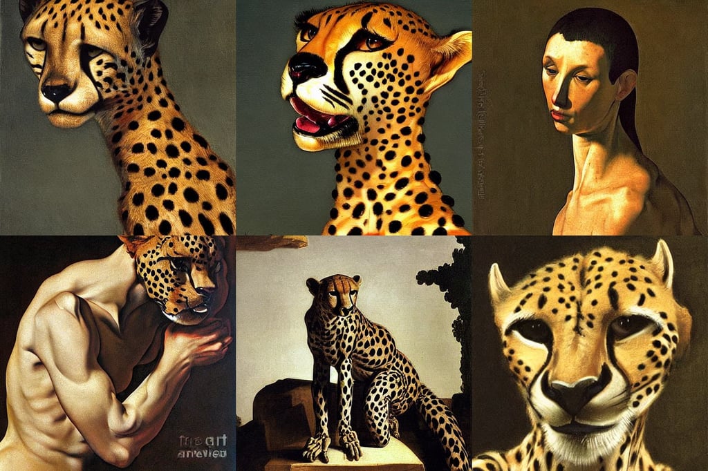 a humanoid cheetah mutant digital art, forged, painting by caravaggio, russian village