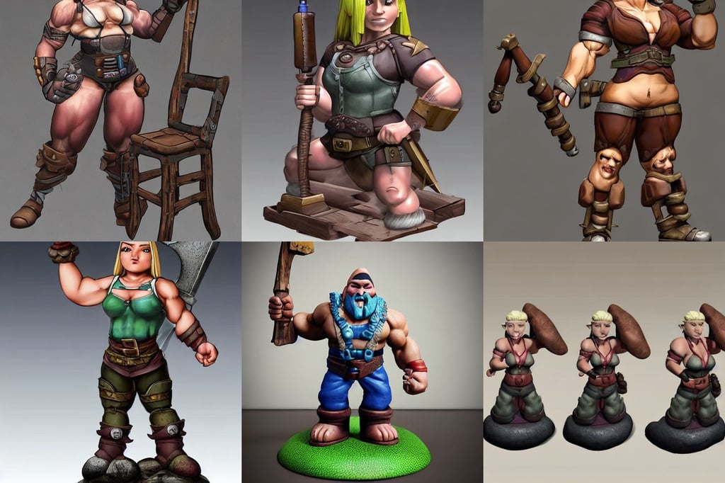 beautiful very muscular female gnome engineer artificer, with chairs for everyone to sit around, guatemla crowd for background, straight horizon, showing forehead, unnerving, draco malfoy, at all angles clash royal style characters, eyepatch, 3 d models, anime character; full body art, a hulking herculean dave bautista with leather armour, war., painting by simon stalenhag, by Studio Ghibli, by Keren Katz, total shot of two characters, confident posse, neon tube jewelry