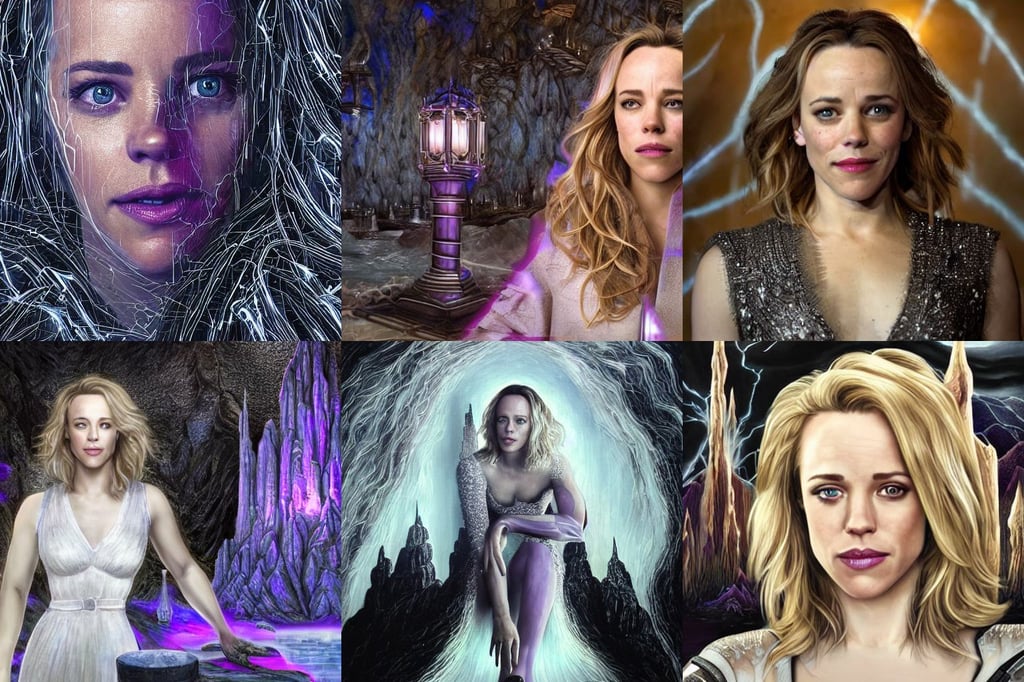 a portrait of a beautiful rachel mcadams, hyper-realistic environment. Hyper and intricate detail, smooth cave rock, james chadderton, glowing lights!! sci-fi, a shrine to worship her at, black and white color scheme!!! ( ( lightning robotic castle background ) ), accurate details, flowing blonde hair, light purple, in a tavern, painted by tsuyoshi nagano, 4 k trending on artstation, embroidery