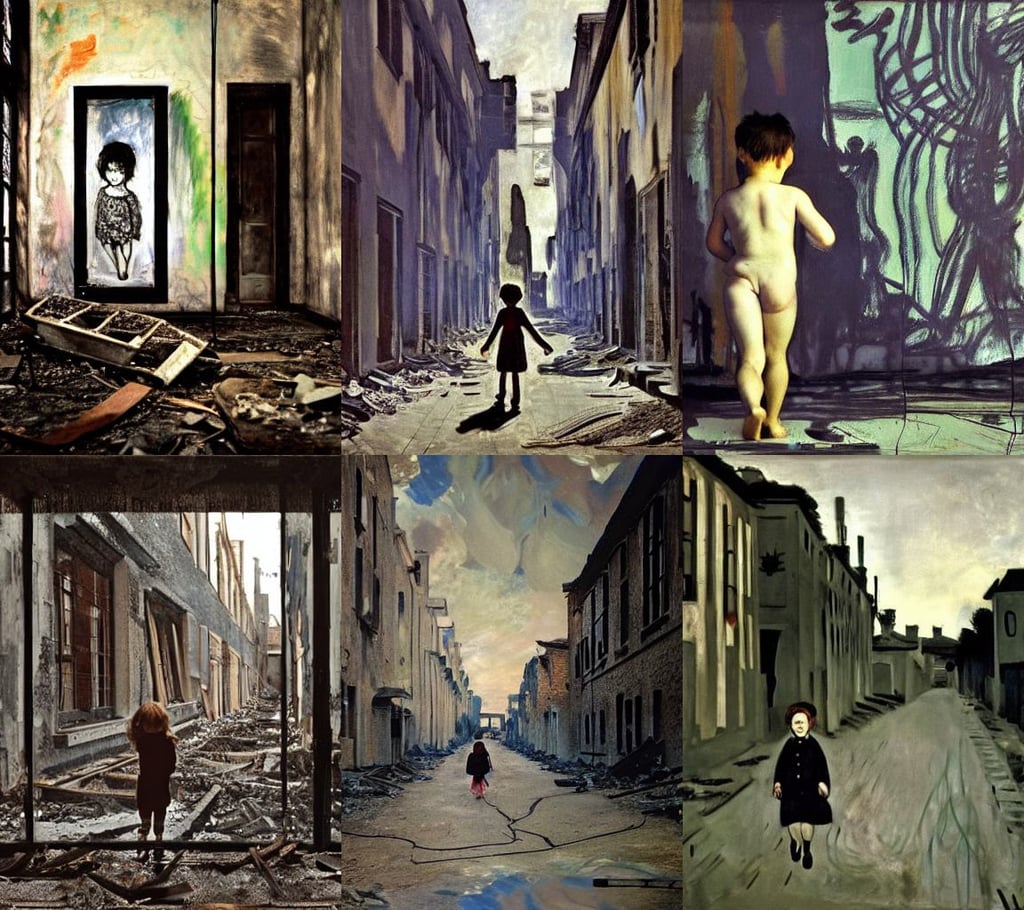 child walking through burned down village, art by Édouard Manet, art by Henri Matisse, transparent, magic, art by Henri Matisse, art by Jenny Saville, art by Sandro Botticelli, art by Claude Monet, grunge, majestic, 35mm octane render, Light Art, a haunting scene, transparent, art by Jean-michel Basquiat