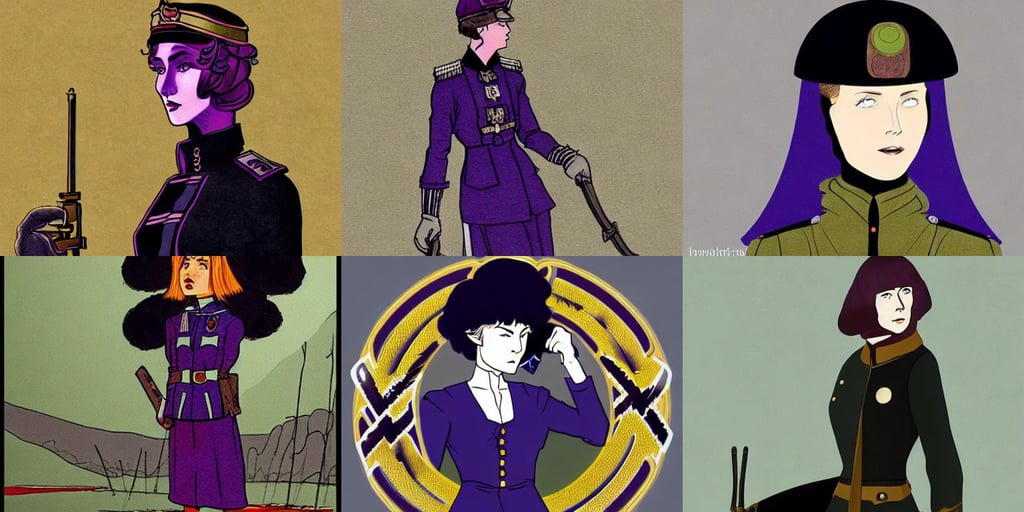 beautiful nordic woman wearing world war 1 uniform, by artem priakhin, scene from a movie, unnerving, black and purple costume. detailed, flat colour, rumiko takahashi