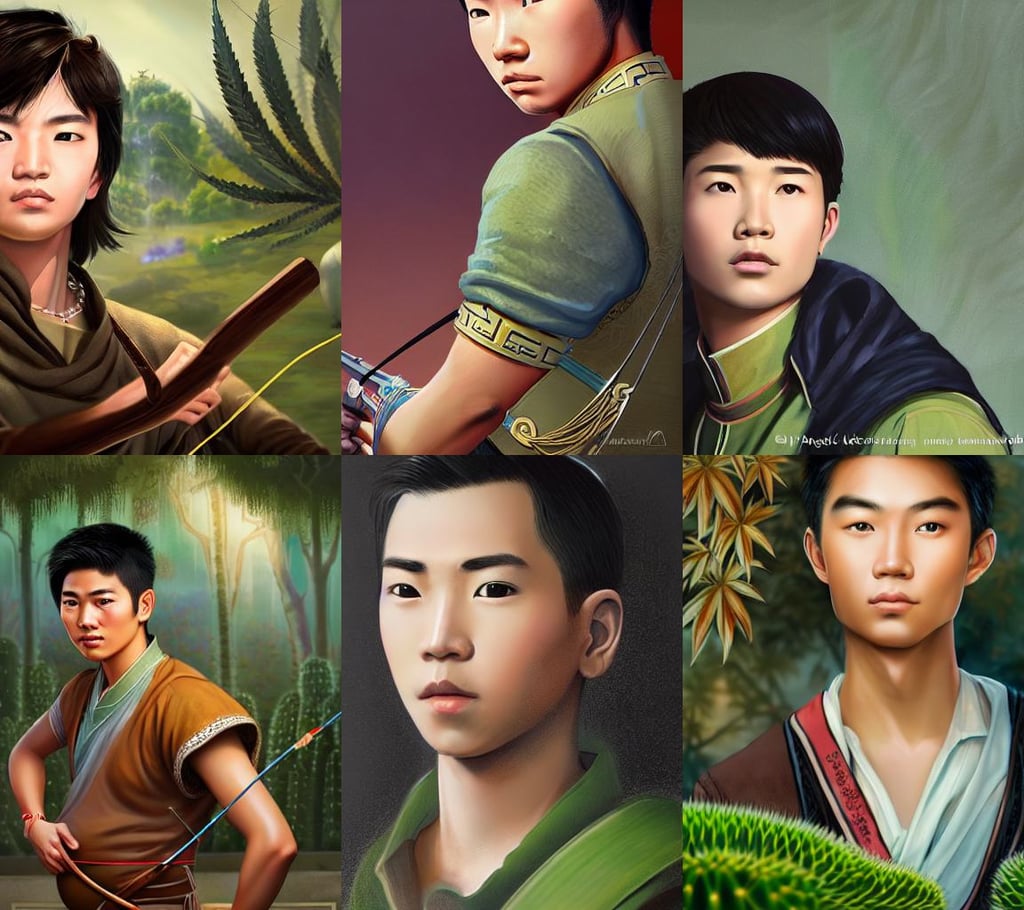 a portrait of a young handsome asian male archer, very detailed stunning deep eyes. By ilya kuvshinov, hearthstone card back, maliciously. chiaroscuro lighting, clean soft lighting, green glows, cacti everywhere, proud people gather around the pregnant woman, Marijuana, gardens and fountains, large jars on shelves, clear shapes, michael kaluta, long hair and large eyes, david cronenberg, vivid color, complicated gold and pink flowers in baroque style headwears, trending on pixiv. zbrush sculpt, perfectly shaded body