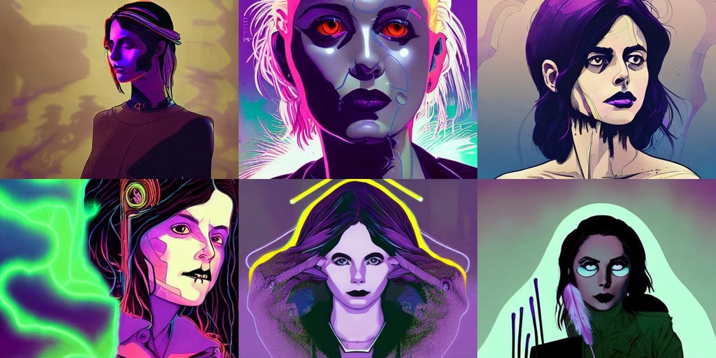 a portrait of a beautiful willa holland as a goth, broken giant marble head statue ruins, white collar, high technology, by Josan Gonzalez and Tomer Hanuka and Moebius and Brad Rigney and Greg Rutkowski, river of purple water, uplight, maya ali, scary shadows, with neon color feathers