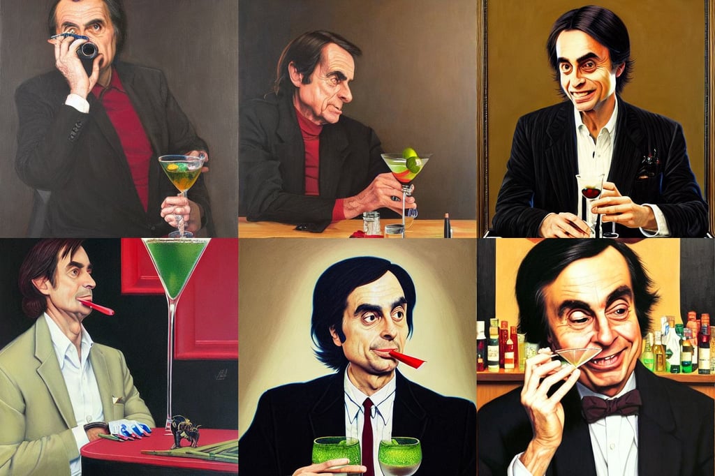 portrait painting of carl sagan drinking a martini, very sharp and detailed. trending on artstation and behance., redneck country, wearing a fancy black jacket, oil on canvas by Dan Witz and Norman Rockwell, charles vess. high detail, inspired by ross tran and masamune shirow and kuvshinov