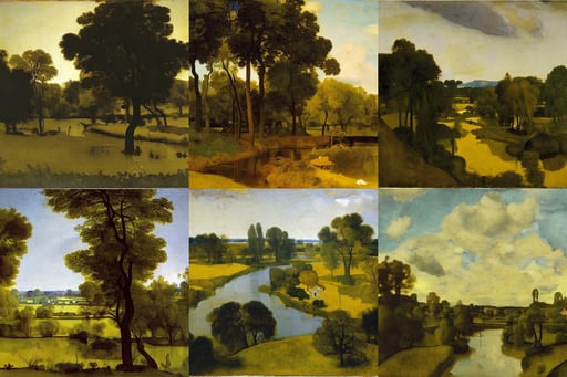 a mustard river meanders through a lush green field, art by Johannes Vermeer, film grain, houses, art by Andy Warhol, art by Rembrandt Van Rijn, art by Eugène Delacroix, art by Michelangelo Buonarroti, art by Johannes Vermeer, art by Johannes Vermeer