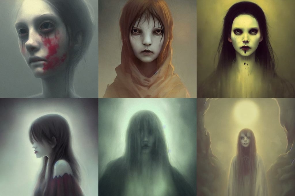 creepy ghost art style by the film the ring, hipster girl in a full frame zoom up of her face and neck, trending on ArtStation”, mustard, faint volumetric god rays, realistic anime style at CGSociety by WLOP, metal, Deviantart in the style of Tom Bagshaw, by greg rutkowski trending on artstation