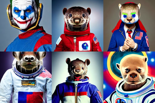 portrait male anthro otter dressed in astronaut outfit character full body precis no blur, sophisticated composition, alien features, fantasy coloring, glowing red and blue eyes, the joker as donkey, making hand passes to create new era