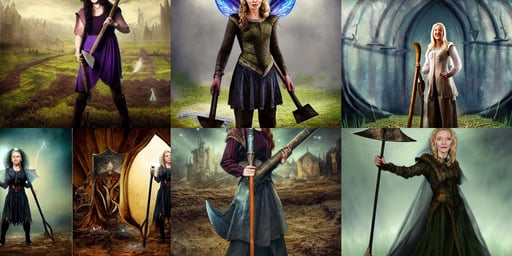 full body portrait shot of a female farmer holding a shovel, apocalyptic backround, ornate clothing, magic school uniform, underworld, hyperdetailed 3D matte painting, smiling (Cate Blanchett) as Galadriel as a queen of fairies, airbrush painting, particles, short torn up pants