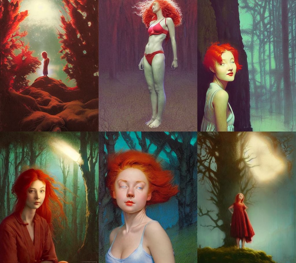 beautiful cute red haired eighteen year old young girl standing up, detailed luminescent matte painting by alan lee and artgerm, corner, norman rockwell J., msterpriece, P.A.WORKS, greg rutkowski and artgerm and james jean and zdzisław beksinski, neon ambiance, in the style of eddie mendoza, trees, baroque dress, electric visions in nightmares, wide angle dynamic portrait, by Mandy Jurgens and Warhol, gradient black red, tanktop and skirt