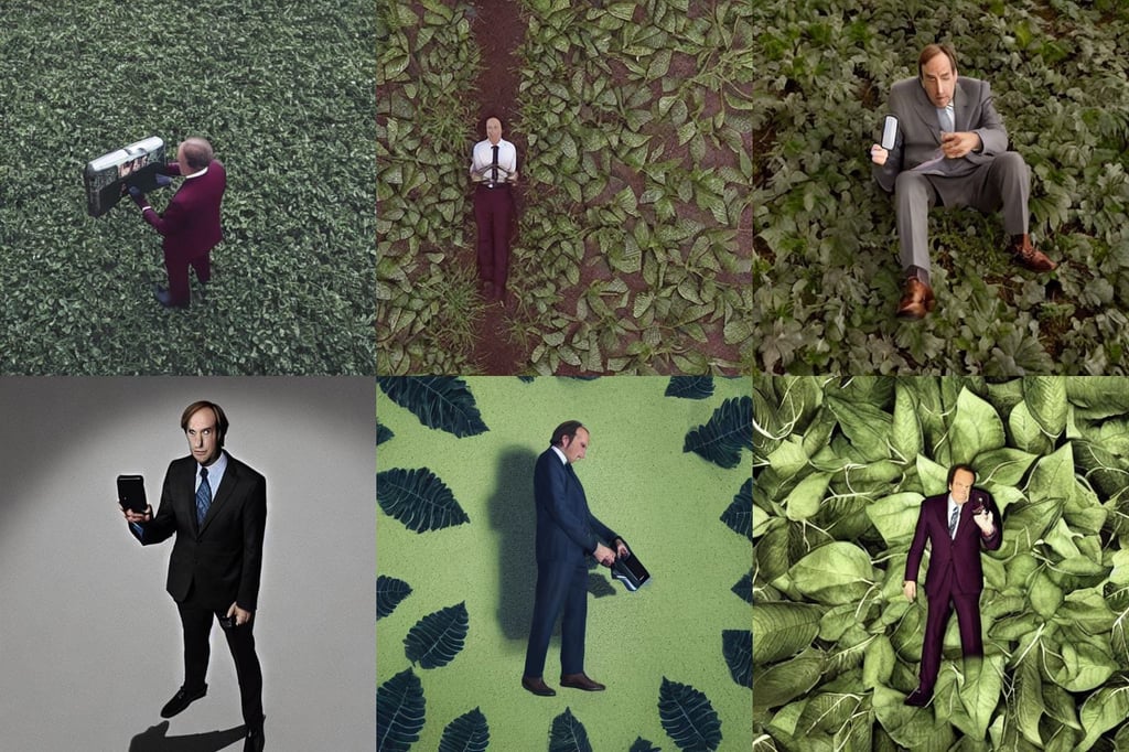 Movie still of Saul Goodman in a mech holding a phone, big leaves achromatic stems and roots, view from above