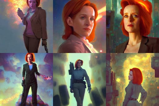 a portrait of a cute agent scully, by craig mullins and marc simonetti, fluffy pastel clouds, watching a beam of light fire into the sky, background by James Jean and gustav klimt, cartoony, muscular! cyberpunk