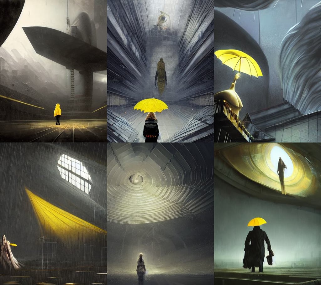 church space station, corrugated roof undulates slightly, white highlights in hair, digital painted, slender woman wearing black puffy clothes and holding a yellow umbrella, roguish smirk, grey cloudy weather, intimidating lighting, cinematic concept art by craig mullins and ruan jia and raphael lacoste, gigantic kaiju looking down worms - eye - view, moody light, johnny issaluk, oleg zherebin, beautiful 3 d concept art, john harris illustration character design concept colorful joy atmospheric lighting butterfly, brave. Eagle girl. by studio ghibli painting, art by artgerm and eiichiro oda and koyoharu gotouge, hyperrealism matte painting trending on artstation, | by louis comfort tiffany | trending on artstation