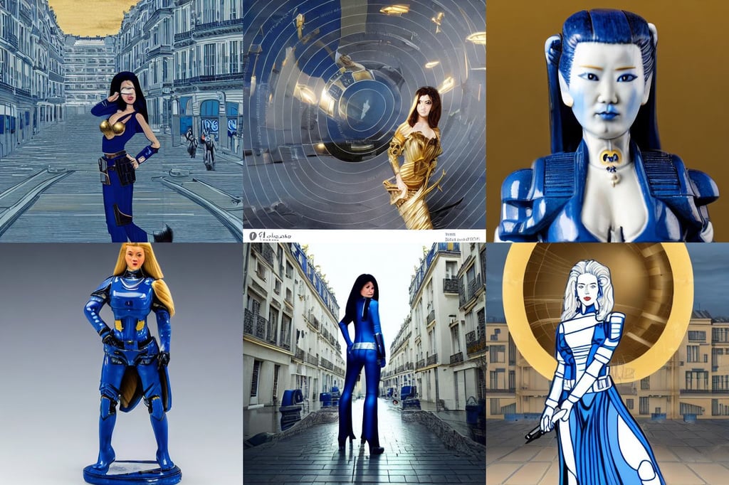 female bounty hunter with and voluminous hair, Chinese Blue and white porcelain 24th century, Parisian buildings, f 3 5 jet, the sky is dark and gold