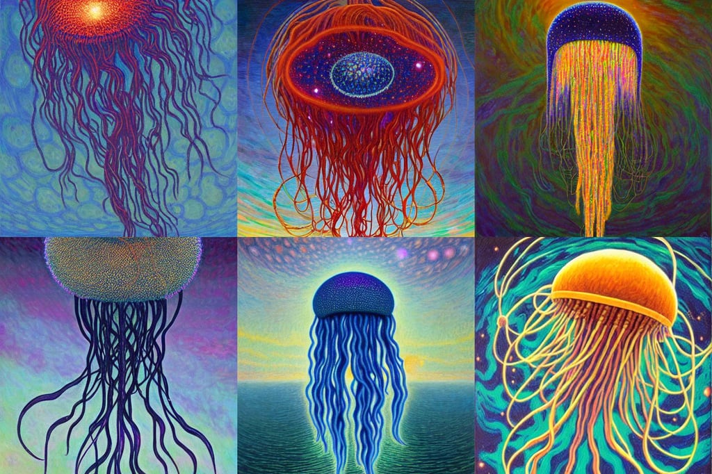 Cosmic void jellyfish by Jeffrey Smith and Claude Monet, oil on canvas