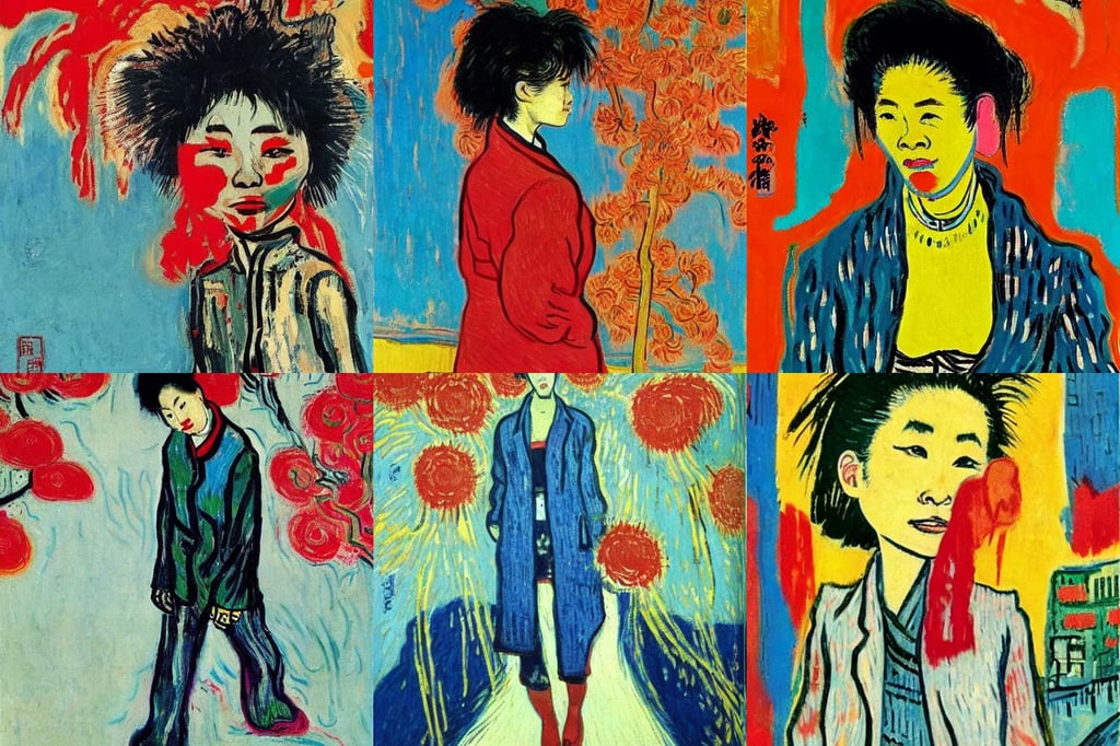 asian woman with short hair walking, art by Jean-michel Basquiat, movie poster art, sakura bloomed background, Oxidian, art by Vincent Van Gogh, art by Edvard Munch