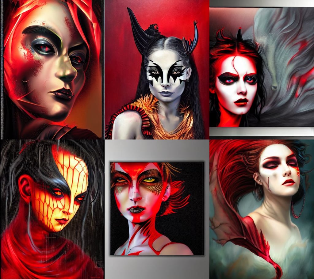 An epic fantasy comic book style portrait of a female demon, Dark red sun, witchlight carnival, Smooth gradients, cyber style, jpeg artefacts on canvas, plume made of geometry, closed eyes, medium skin tone, francois boucher, realistic oil paint artwork made in 2020., red and black suit